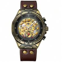 1pc 50M Waterproof Vintage Copper Mechanical Watch Brown Leather Strap Hollow Gear Skeleton Transparent Flying Tourbillon Power Storage Visible On The Back Cover For Real Automatic Mechanical Watch Men's Birthday Gift Husband Father's Day Wedding Souvenir Precise Timekeeping