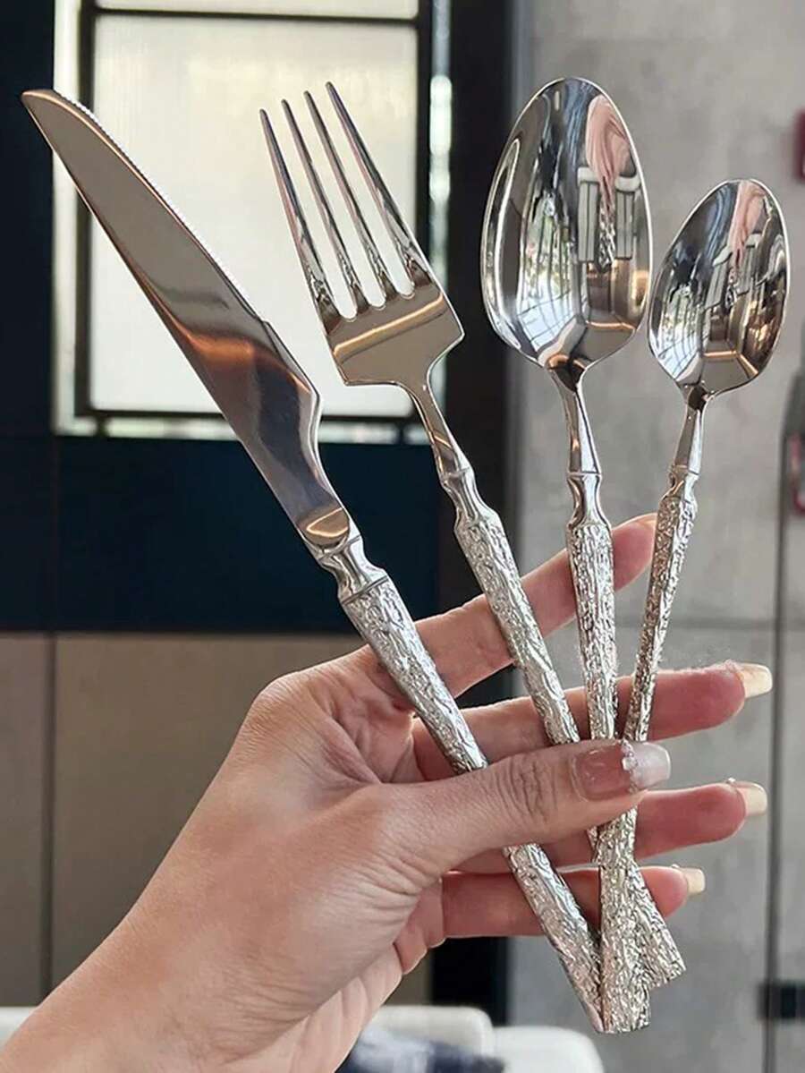 4/16/24pcs Stainless Steel Cutlery Set, Includes Steak Knife, Fork, Spoon, Suitable For Kitchen, Dining, Wedding, Party, Holiday Gift - 銀色 - 查看 1