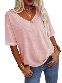 Women's 3/4 Sleeve Shirts V Neck Loose Fitting Tops Casual Solid Color Tshirts  Basic Tunic Summer Ladies Tops - Hồng - Xem 2