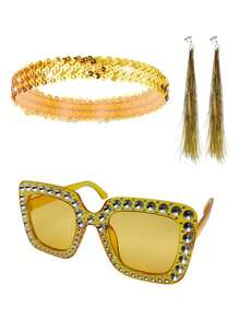 3 件迪斯科 70 年代/80 年代闪光派对服装套装：亮片头带 + 水钻太阳镜 + 流苏夹式耳环，适合角色扮演、万圣节派对、日常聚会、70 年代/80 年代迪斯科派对
