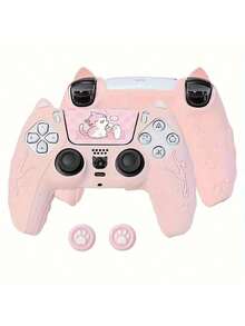 可爱猫主题 PS 控制器硅胶保护套，带拇指握把和触摸板贴花，防滑、防汗、防尘、防刮擦，增强游戏体验 - 舒适的 PlayStation 5 保护套