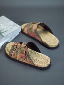 1 Pair Men's Summer Fashion Slide Sandals, Suitable For Daily Outdoor Activities, Beach Vacation, Metal Double Buckle Design, Adjustable Upper, Fresh Summer Outfit, Indoor Bathroom Slippers, Tropical Print Flip Flops