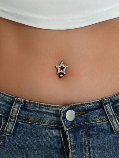 1pc Elegant Cubic Zirconia Star Decorated Belly Button Ring, Women's Everyday, Party, Banquet Body Jewelry Accessory