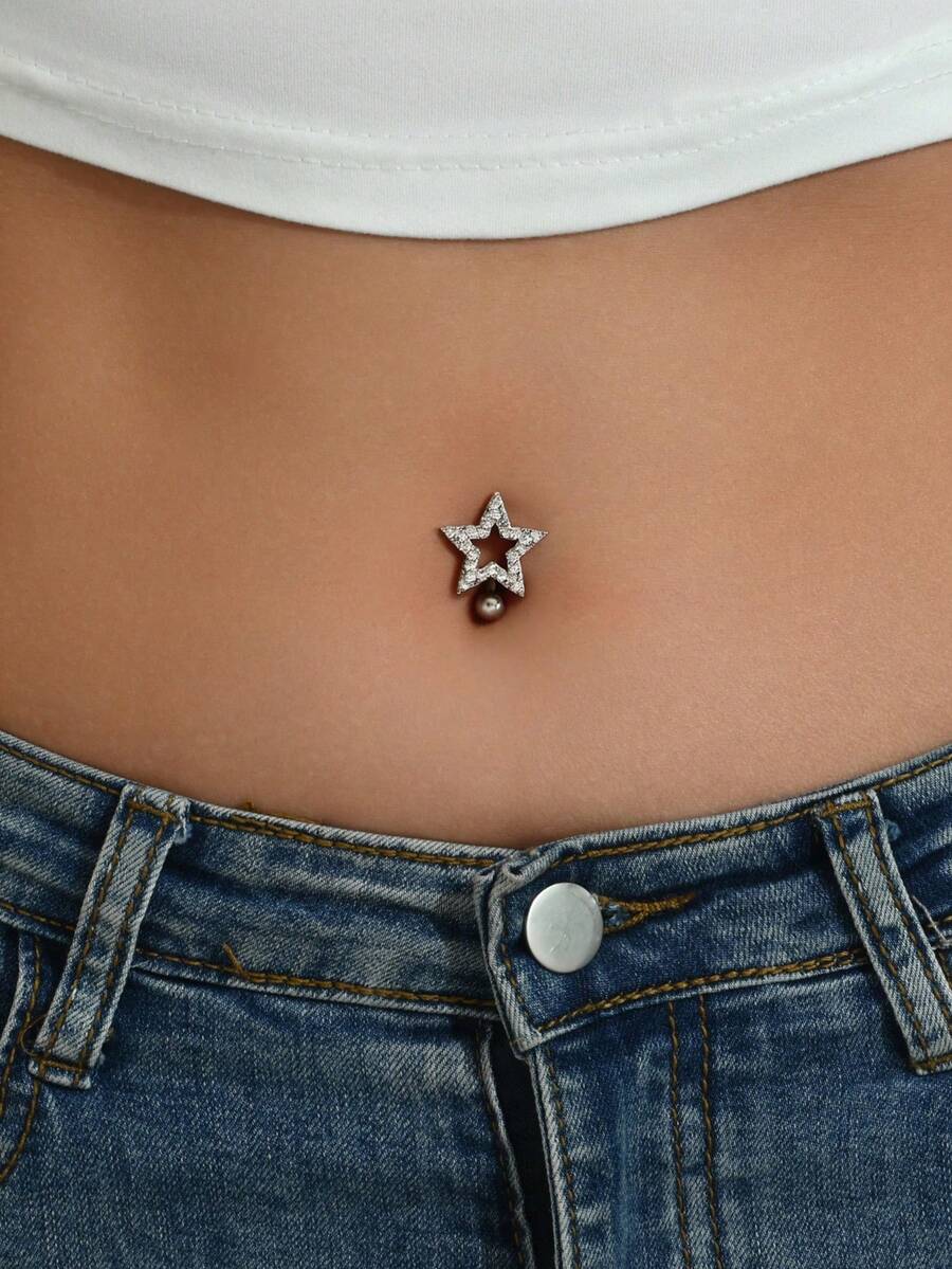1 chiếc nhẫn rốn đính đá Cubic Zirconia hình ngôi sao thanh lịch, dành cho phụ nữ hàng ngày, tiệc tùng, trang sức cơ thể - Bạc - Xem 1