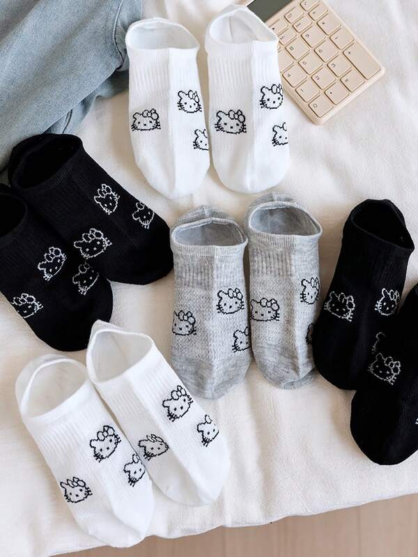 Sanrio 5 pares de calcetines tobilleros para mujer de Hello Kitty, calcetines de tripulación con dibujos animados y lindos en blanco y negro, adecuados para el verano, con colores aleatorios
