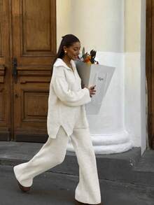 VIBEWAVE New Year Casual Knit Sweater Set, Loose Turndown Collar Half-Zip Long Sleeve Knitted Top And High Waist Wide Leg Pants 2 Pieces Outfit - White - View 1