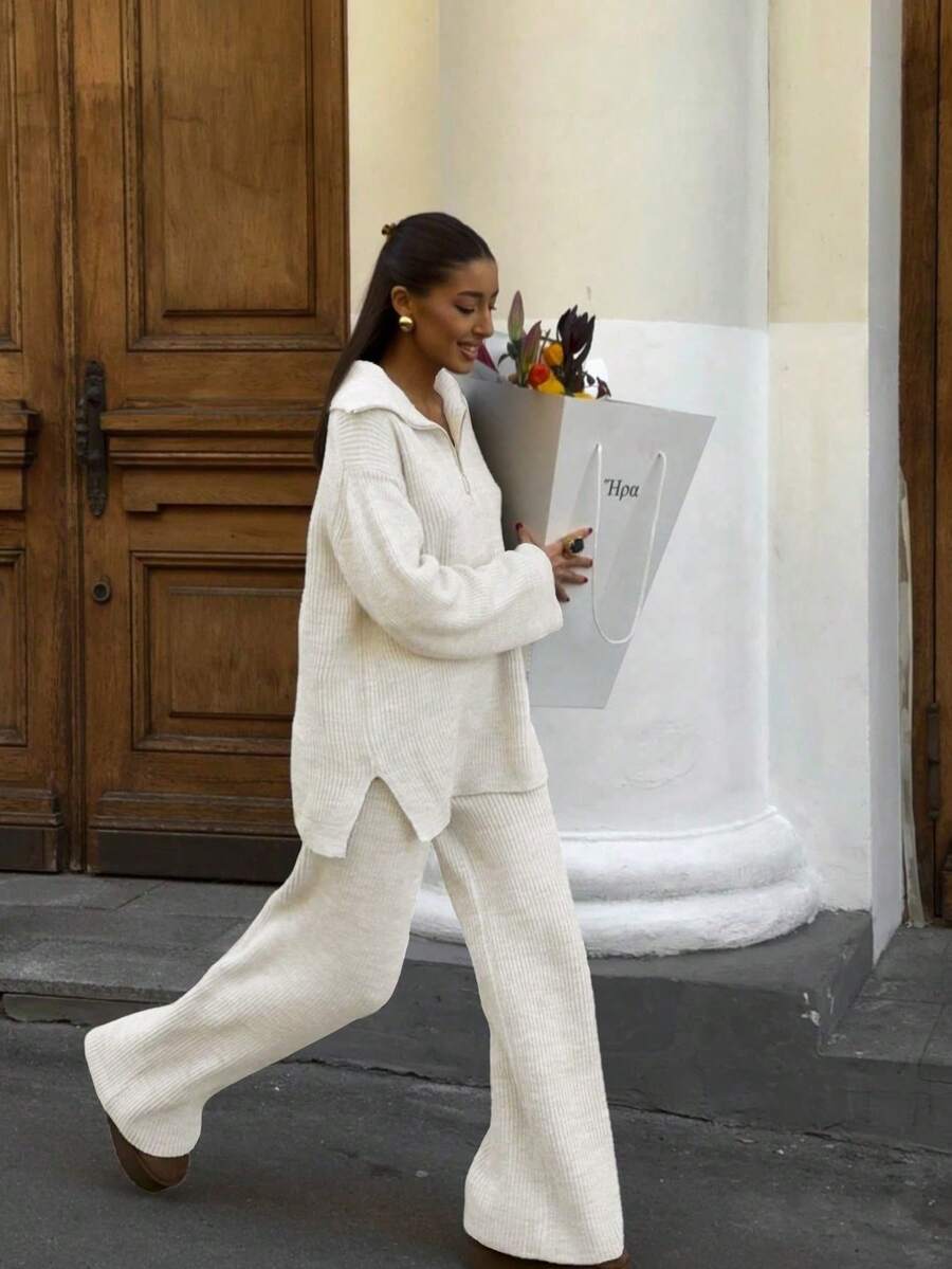 VIBEWAVE New Year Casual Knit Sweater Set, Loose Turndown Collar Half-Zip Long Sleeve Knitted Top And High Waist Wide Leg Pants 2 Pieces Outfit - White - View 1