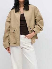 Áo khoác phồng nữ Omen Fashion cổ nhung kẻ, chất liệu cotton, kiểu dáng thường ngày, phối màu tương phản, tay dài, cổ bẻ, có túi. - Màu Khaki - Xem 8