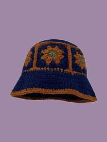 1pc Unisex Knitted Bucket Hat, Handmade Embroidered Bucket Hat, Warm & Windproof, Suitable For Spring & Autumn, Outdoor, Street, Retro Wave Brim