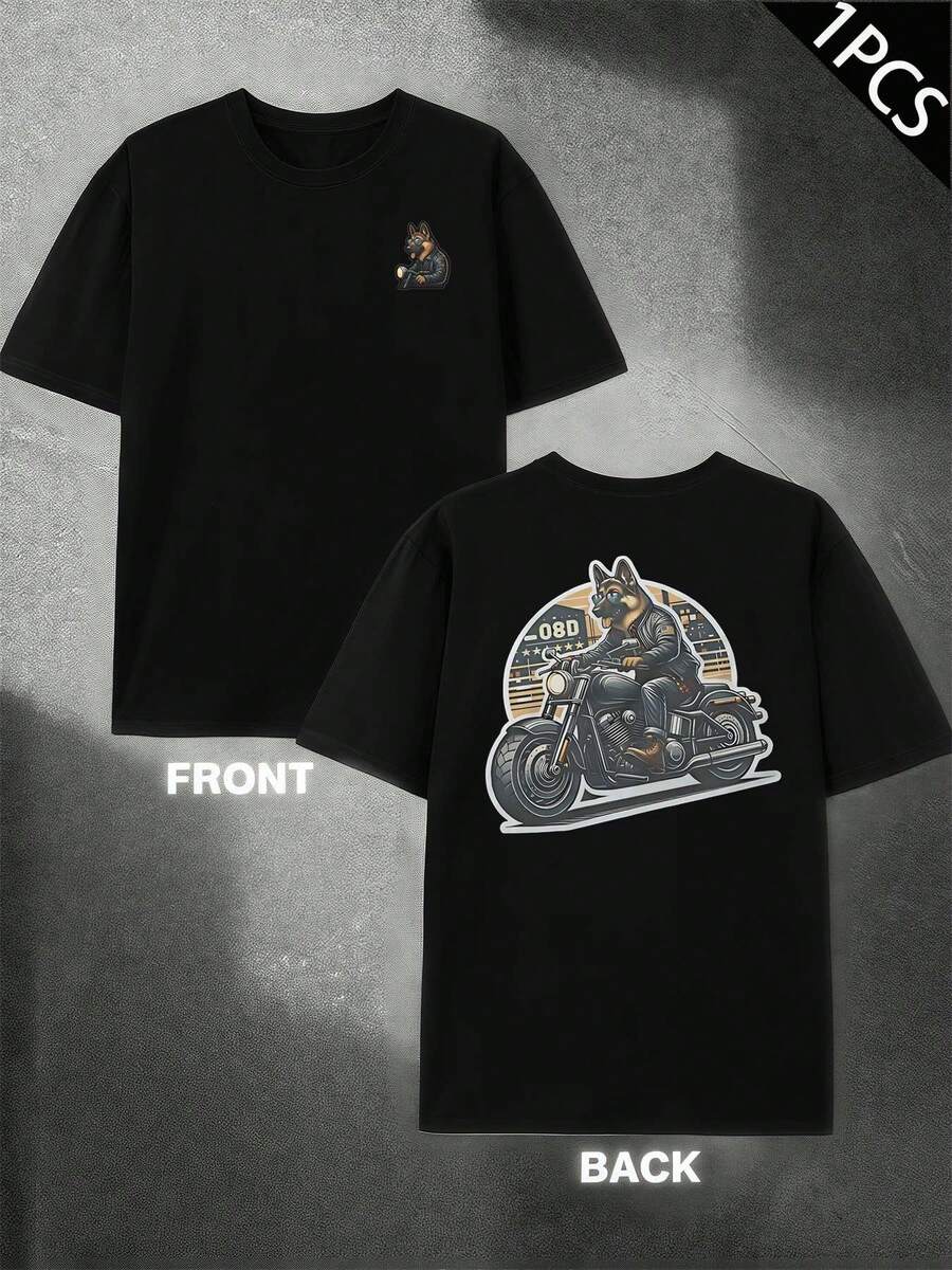 T-shirt da uomo con stampa Dog Biker, t-shirt da uomo con stampa fronte-retro, alla moda, casual, scollo tondo, 220 g/m2, puro cotone (1 pezzo)