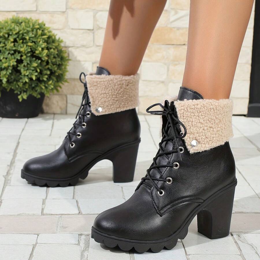 Women's Thick Heel Short Boots, European And American Plus Size, British Style, Outdoor Fuzzy Collar High Heel Short Boots, Front Strap, Warm Lining, Boots, Mid-Calf Boots
