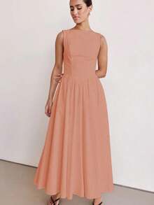 MODA MO, REF: H978 Women's Dress, Long Dress, Sleeveless, Round Neckline, High Waist, Backless, Zipper Dress, Slim Model, A-Line Dress, Elegant, Modern, Light, Comfortable, Versatile, Refined Look, Casual Chic Dress, Event Dress, Sophisticated Look, Summer Dress, Quality Finish, Feminine Style. - 橘色 - 查看 5
