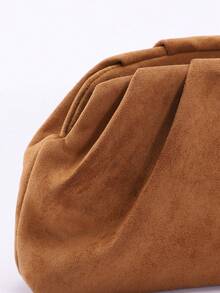 高品质复古风格棕色麂皮手拿包，玛琳风格女士麂皮手拿包，欧美时尚褶皱简约女士手拿包，配链条肩带 - 棕色 - 查看 9