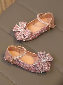 1 双加大码 2025 新款时尚百搭粉色女孩珍珠和水钻蝴蝶结装饰可爱平底鞋，圆头，适合日常穿着、跳舞、春秋季户外穿着，闪光装饰包头公主芭蕾平底鞋，尺码偏小半码 - 粉色 - 查看 5