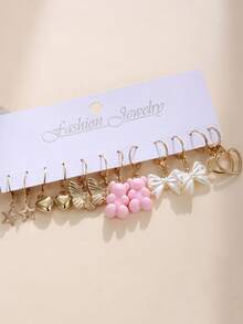 36-12 件卡通女孩耳环套装，粉色小熊，透明蝴蝶，空心心形，可爱风格，适合日常、度假、少女礼物 - 彩色 - 查看 13