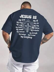 2026 New Men's Short Sleeve Graphic T-Shirt, Jesus Cross Design, Faith, Daily Wear, 100% Cotton, Unisex, Gift Idea For Him Or Her, Religious Clothing, Spiritual Clothing, Design Of - Navy - 查看 3