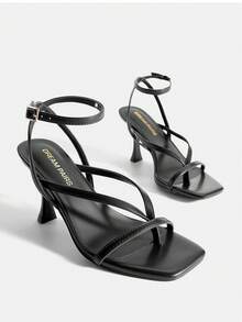 Women Kitten Heel Thong Sandals, Fashion Square Toe Ankle Strap High Heeled Sandals For Wedding Party Casual Wearing - 黑色 - 查看 1