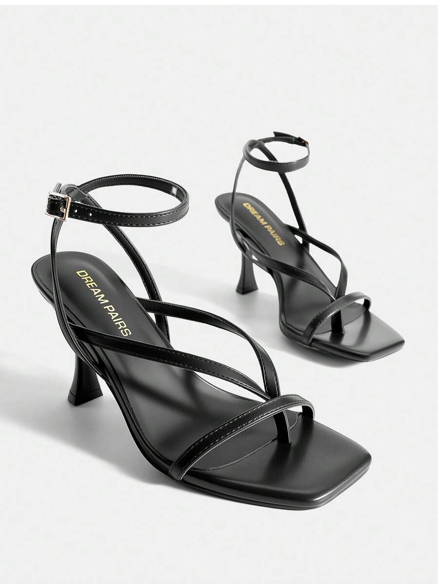 Women Kitten Heel Thong Sandals, Fashion Square Toe Ankle Strap High Heeled Sandals For Wedding Party Casual Wearing - 黑色 - 查看 1