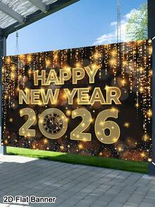 1pc Black Golden Happy New Year Banner 2026 150*100cm Shining Clock Pattern New Year Backdrop Photo Booth Festival Background Cloth Christmas Decorative Wall Hanging Tapestry Room Home Decor Happy New Year 2026 Decorations