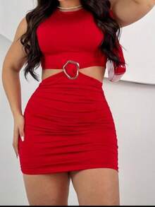 Women's Short Dress With Buckle Detail - Summer Launch - Red - View 2