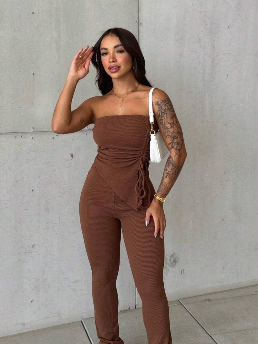 Women's Blogger Set Of Pants And Strapless Top With Side Seersucker Details - 鏽棕色 - 查看 1
