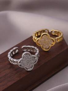 1pc Stainless Steel Fully Paved Clover Ring, Minimalist Cubic Zirconia Finger Ring, Everyday Wear - Full Diamond Four-leaf Clover Ring - View 1