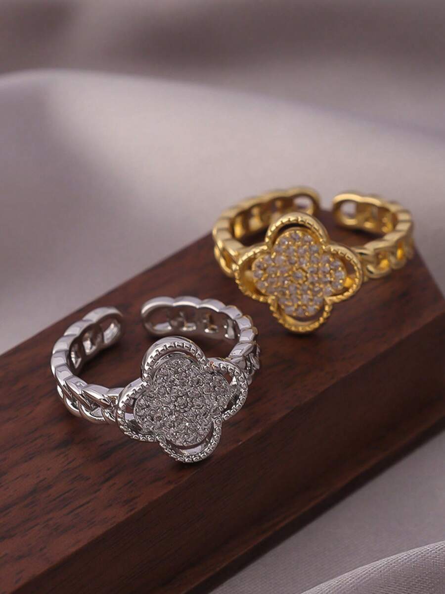 1pc Stainless Steel Fully Paved Clover Ring, Minimalist Cubic Zirconia Finger Ring, Everyday Wear - Full Diamond Four-leaf Clover Ring - View 1