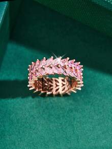 1pc Elegant Luxury Vintage Leaf Design Ring, Inlaid With Pink Synthetic Zirconia, Shiny Accessory, Suitable For Daily Wear And Valentine's Day Gift