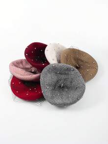 1顶纯色复古优雅奢华休闲羊毛水钻珍珠贝雷帽，秋冬时尚优雅刺绣艺术家帽，网眼南瓜帽