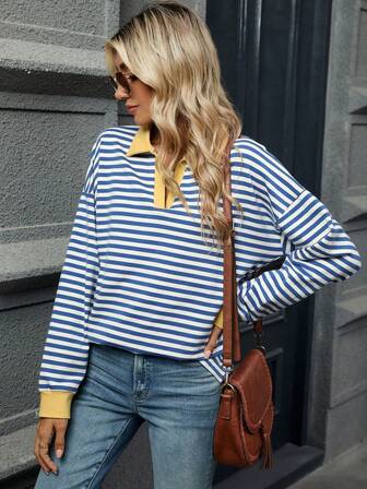 Women's Long Sleeve Striped Contrast Color Collar Casual Sweatshirt, Comfortable For Commuting, Spring/Autumn