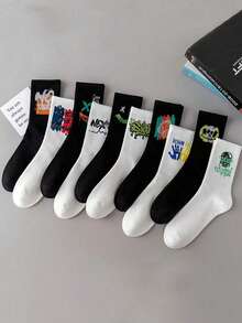 10 Pairs Random Black & White Graffiti Style Unisex Mid-Calf Socks, Suitable For Daily Wear, Fall - Multicolor - View 2