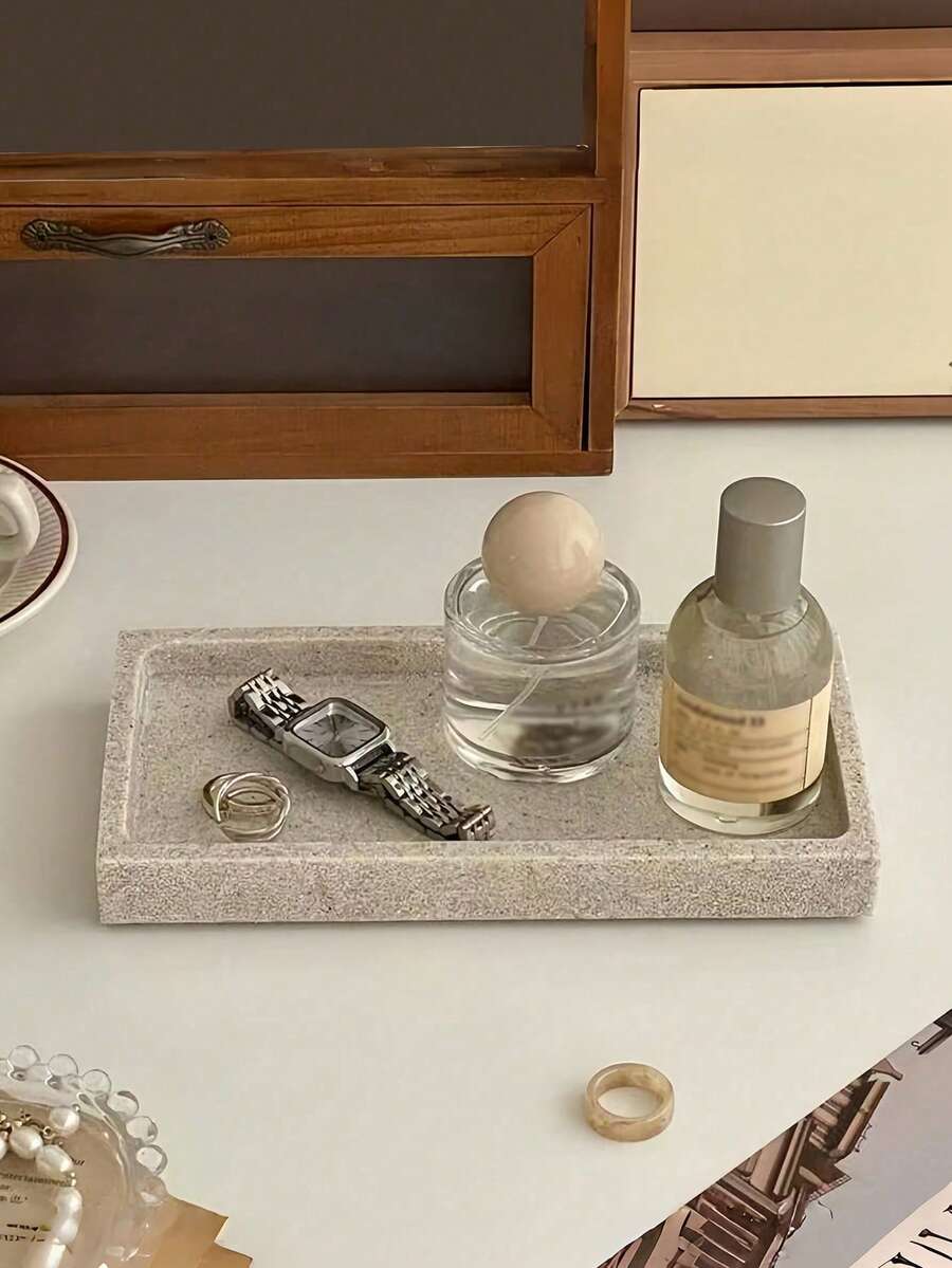 1pc Marble Texture Tray, Resin Vanity Organizer Dish, Desk Cosmetic Storage Plate For Women Storage Organizer Travel Essentials Back To School Dormitory Storage Fall Decor - Beige - View 1