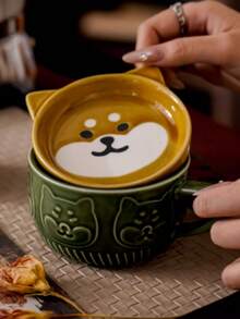 Cartoon Shiba Inu & Cat Ceramic Mug Set, 1 Set (350ML), Cute Embossed Household Coffee/Breakfast Milk Cup With Lid, Microwave Friendly, Creative Snack Plate, Birthday Gift Back To School