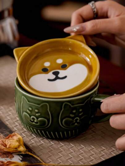1 set (350 ml) de tasses en céramique avec motifs mignons de Shiba Inu et de chat. Tasses à café/lait du petit-déjeuner avec couvercle, résistantes au micro-ondes, assiette à collation créative, cadeau d'anniversaire ou pour la rentrée scolaire