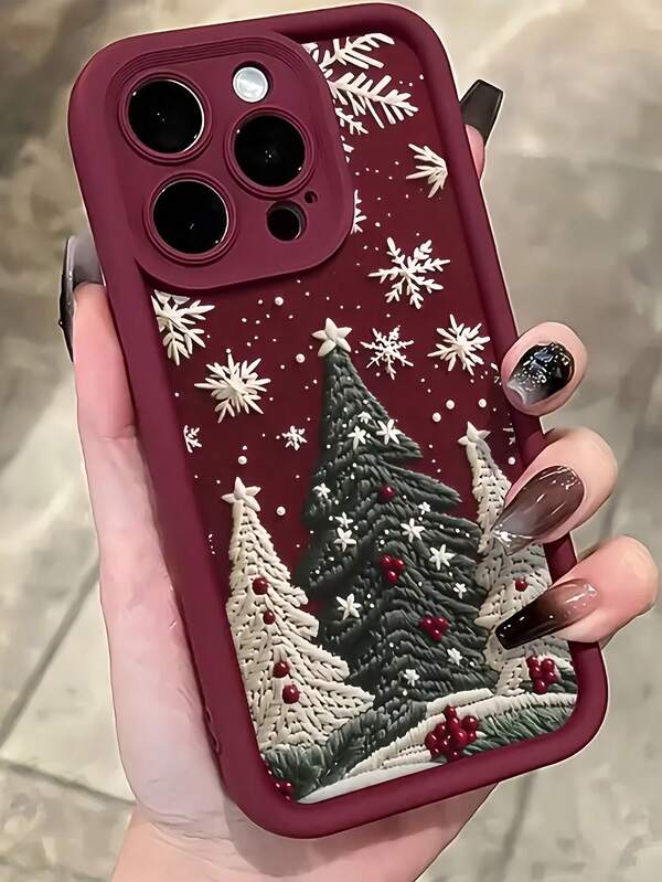 1 carcasă de telefon rezistentă la șocuri TPU, cu model de brad de Crăciun, culoare vișinie, cu acoperire completă, compatibilă cu 16, 15, 14, 13, 12, 11 Pro Max