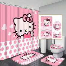 Sanrio 3-Piece Hello Kitty Bathroom Set, Includes Waterproof Shower Curtain, Toilet Lid Cover, Bath Mat, U-Shaped Mat, Comes With 12 Hooks, Available In Pink, Blue, And Full Family Characters, Suitable For Home And Bathroom Decor Christmas Decor