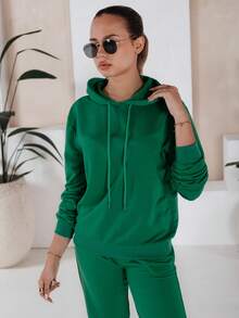 Women's Two-Piece Tracksuit Set With A Hoodie And Pants With Cuffs. Casual Basic Tracksuit With Pockets For Comfortable Everyday Wear, Perfect For Both Daily Urban Looks And Sports Activities. - Green - View 3