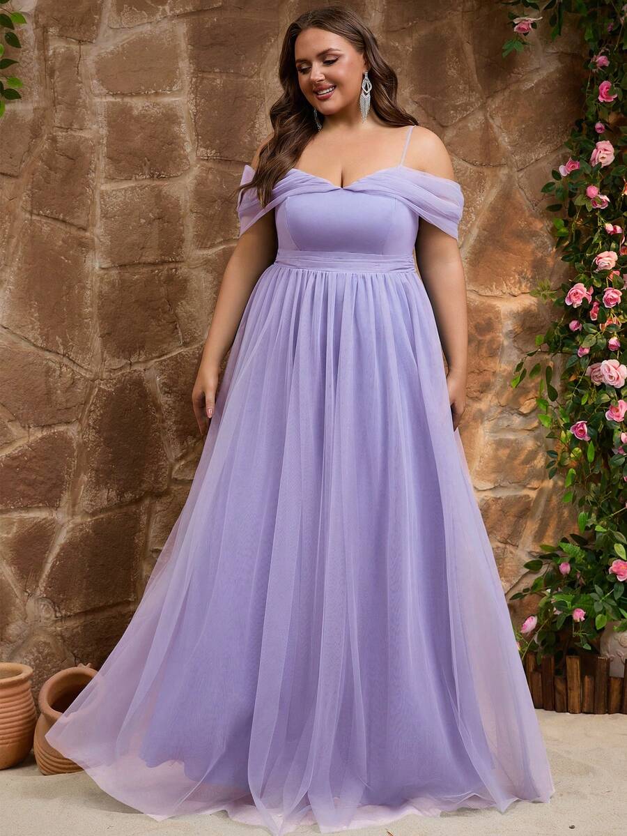女款大尺碼優雅浪漫網紗蕾絲領口曲線時尚正式晚宴長洋裝 婚禮賓客新娘母親長禮服 春夏秋冬正式晚餐 - 淺灰紫 - 查看 1