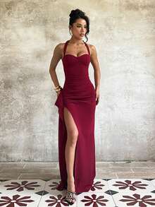 1pc Elegant Solid Color Backless High Slit Asymmetric/Asymmetrical Maxi Dress, Suitable For Parties, Wedding And All Seasons - Burgundy - View 1
