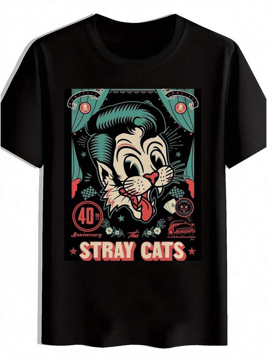 Man Men Vintage Rock Band Graphic T-Shirt STRAY CATS Retro Punk Design With Bold Lettering Cartoon Cat Print Black Short Sleeve Round Neck Summer Tee Machine Washable For Concerts Festivals Beach Casual Wear Rock Band T Shirts Music Fan Apparel Comfortable Fit Shirt Concert Outfit Durable Material Unisex Apparel Festival Goers Men Size S-3XL - màu đen - Xem 1
