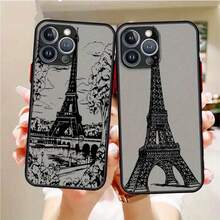 Funda de Teléfono de Ilustración de Torre de Arte de Lujo para Apple 8 X XS XR SE 11 12 13 14 15 16 Pro Plus 2020 2022, Funda Transparente Mate de TPU de Cobertura Completa, Funda Protectora Negra Suave - Colores mixtos - Ver 5