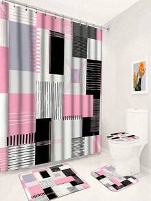 1/4pcs Pink Square Pattern Shower Curtain Set, 70.87x70.87inch Shower Curtain With Floor Mat, U-Shaped Mat, Toilet Seat Mat, With 12 Hooks Bathroom Decor