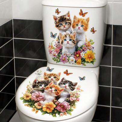 Lindo adhesivo de gato y floral para el inodoro, calcomanía autoadhesiva impermeable para la tapa del inodoro del baño, calcomanía de pared de mariposa y gatito, decoración de pared, decoración del hogar