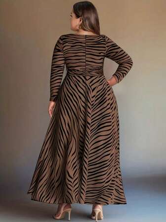 Plus Size Women Zebra Print Ruffle Crew Neck Long Sleeve Elegant Dress