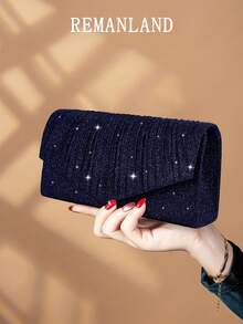 REMANLAND 1个闪亮优雅褶皱女士手提包，时尚迷人女士晚宴钱包，信封式手拿包，带隐藏式卡槽和隔层，配有可拆卸金属链的单肩包，适合派对女孩、新娘，节日最佳礼物 - 藏蓝色 - 查看 4