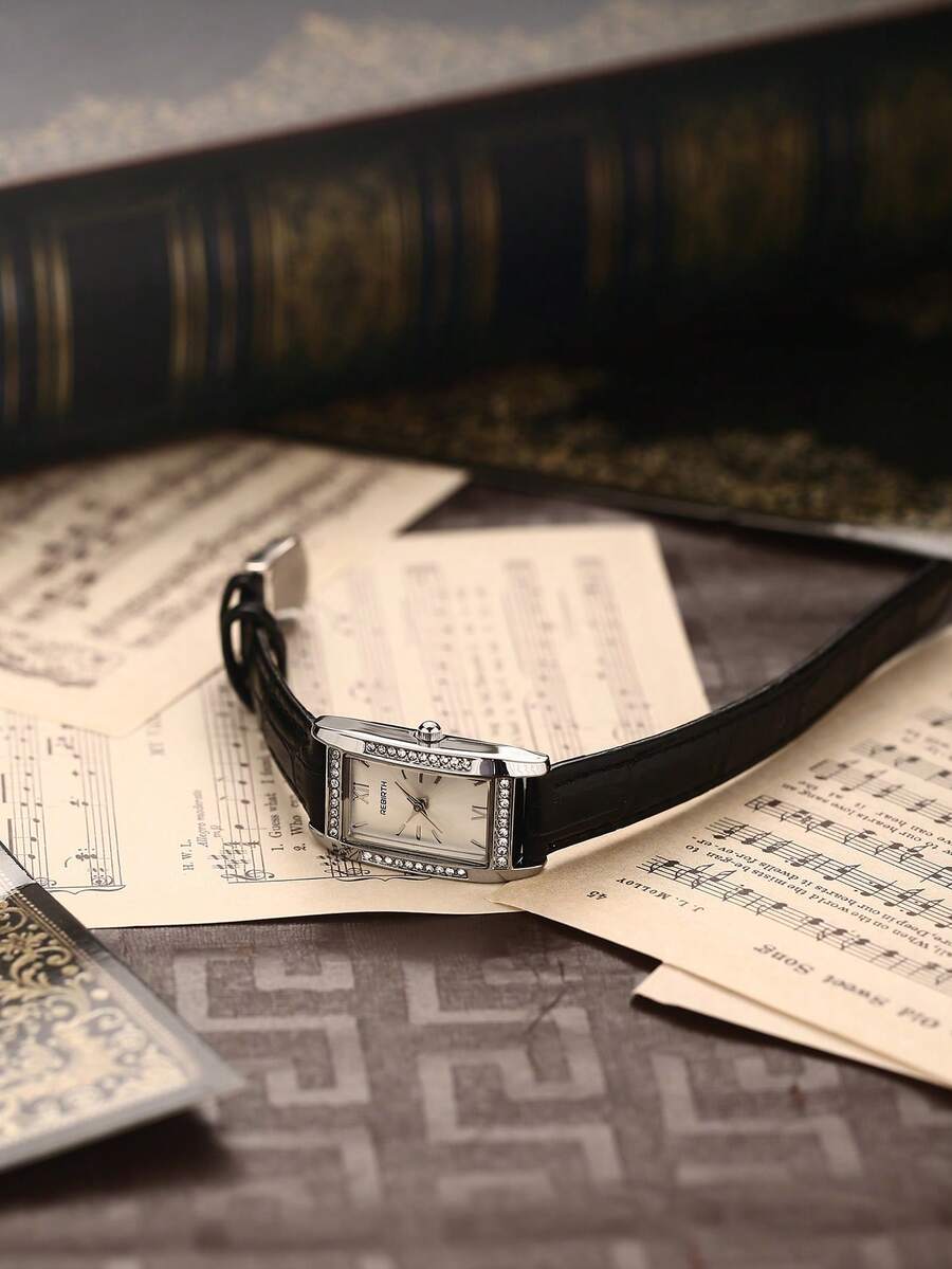 1 件女士时尚石英手表，配有罗马数字表盘和皮革表带，适合日常佩戴