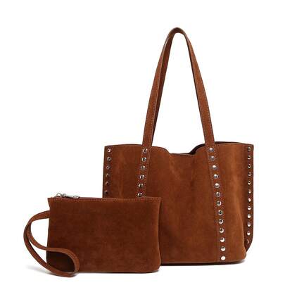 黑色大容量通勤手提包，女士时尚铆钉装饰单肩包，独特元素，大容量学院风双肩包，优雅麂皮设计手提包，适合约会、日常、购物、海滩度假及各种场合。