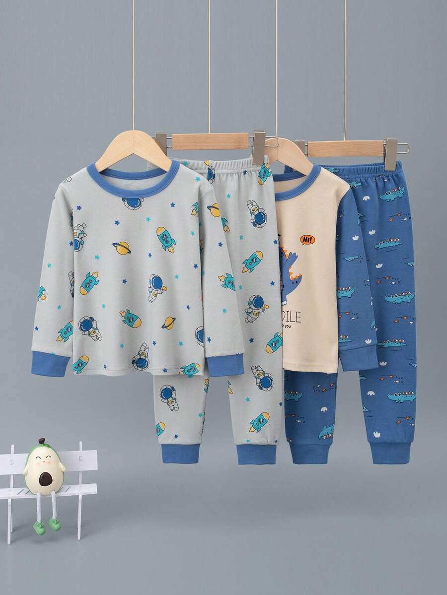 Set de 4 piezas de ropa interior de algodón con estampados de dinosaurios, espacio y astronautas para niños, incluye camiseta de manga larga gruesa y pantalones de pijama, ropa interior térmica de algodón - Multicolor - Ver 1