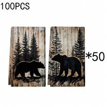 1 set/2 pièces/100 pièces Serviettes de cuisine et torchons avec motif de silhouette d'ours noir et de pins sur fond en bois, convient pour la décoration intérieure des restaurants, cuisines et salles de bains, la décoration de fête, les cadeaux de festival, en tant que cadeau
