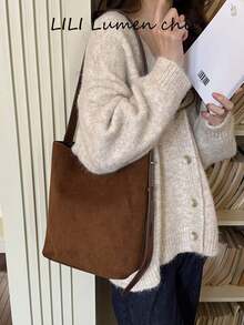 Neue Vintage Tasche Braun Große Kapazität Eimer Tasche, Umhängetasche, Unterarmtasche, Umhängetasche Geschäftsfrauen Lässige leichte Pendlertasche Mode Studententasche, geeignet für Arbeit, Einkaufen und täglichen Gebrauch - Braun - Übersicht 2